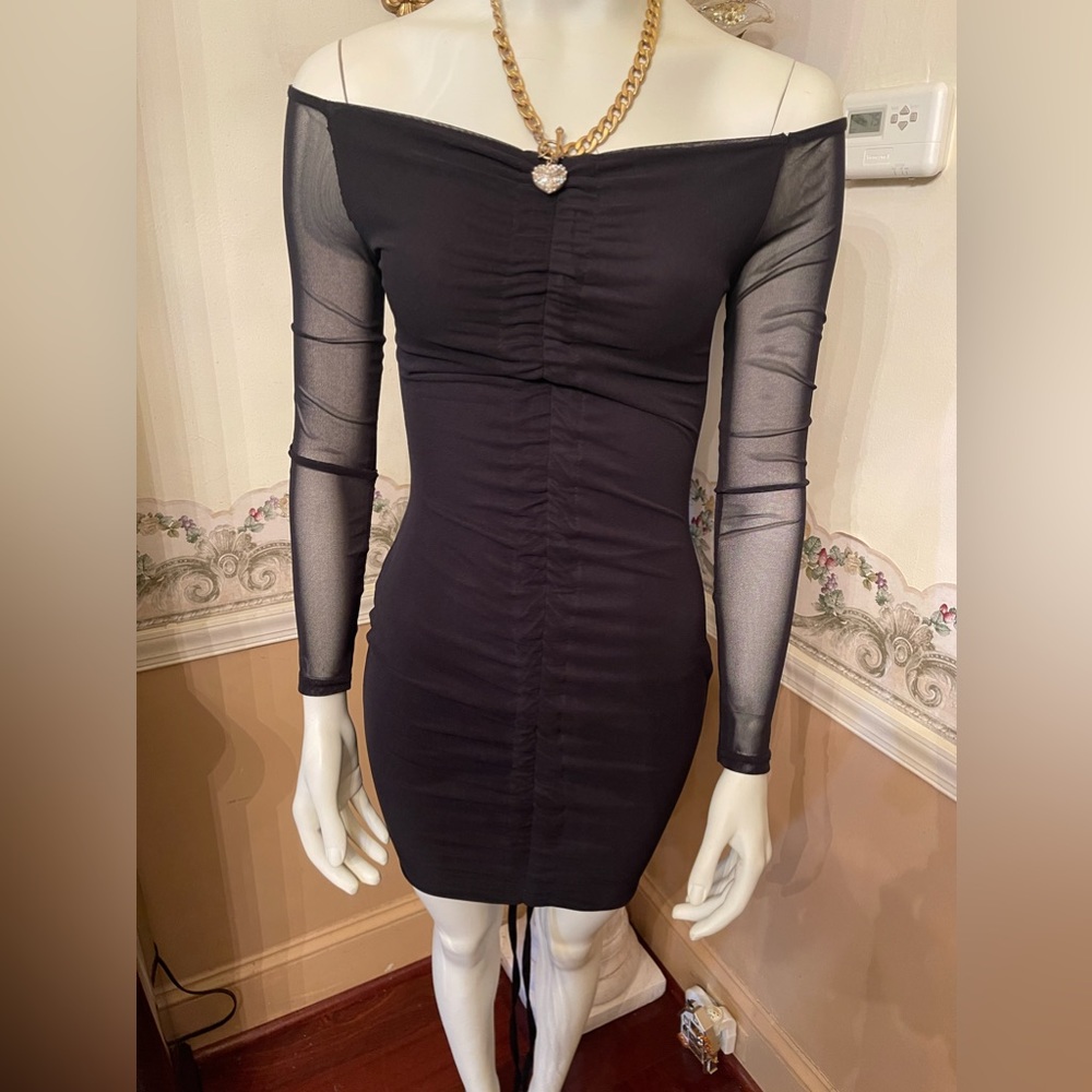 Black Textured Tie club wear Front Shirt Dress.